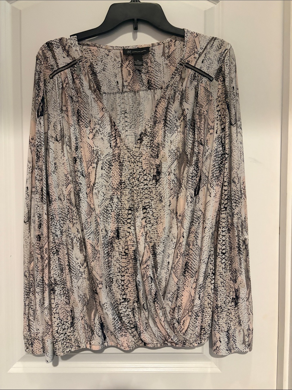 INC International Concepts Beige, Black and Cream Snake-Print V-Neck Blouse